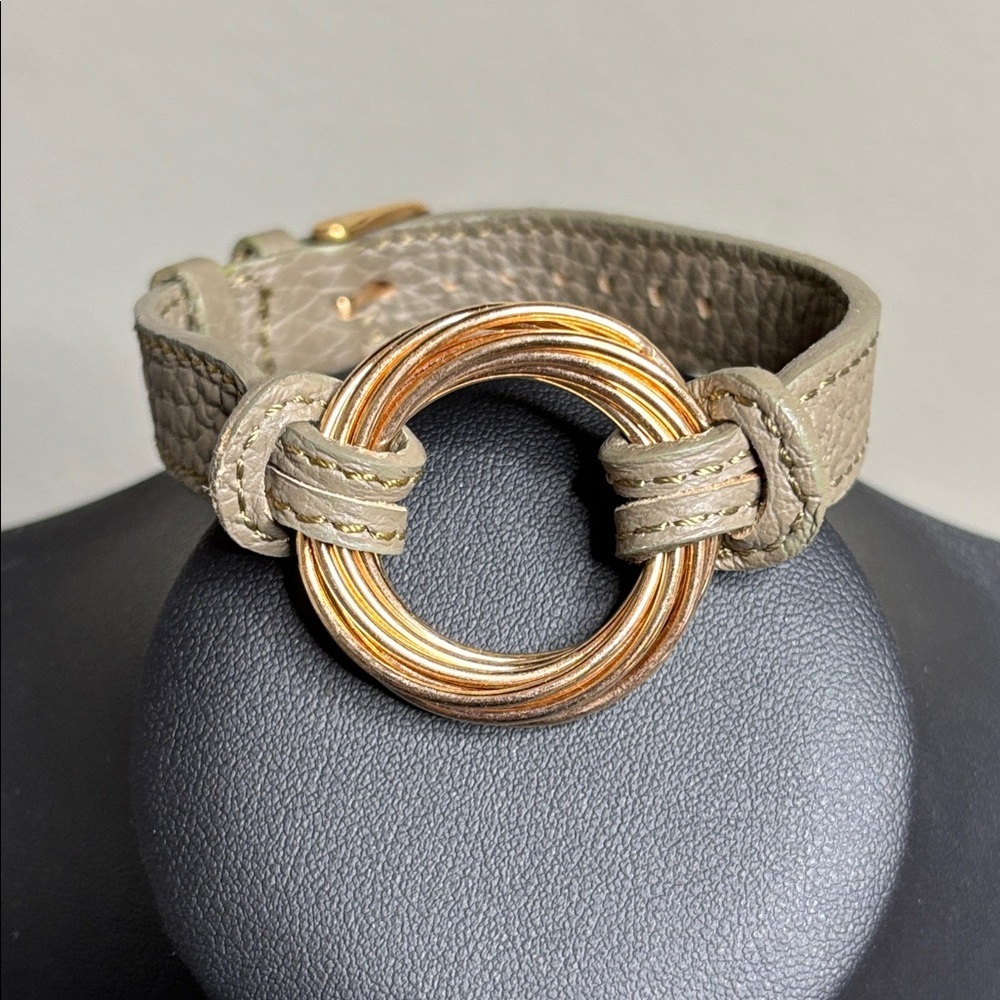Rose Gold Tone Twisted Ring Cowhide Leather Bracelet Western Boho